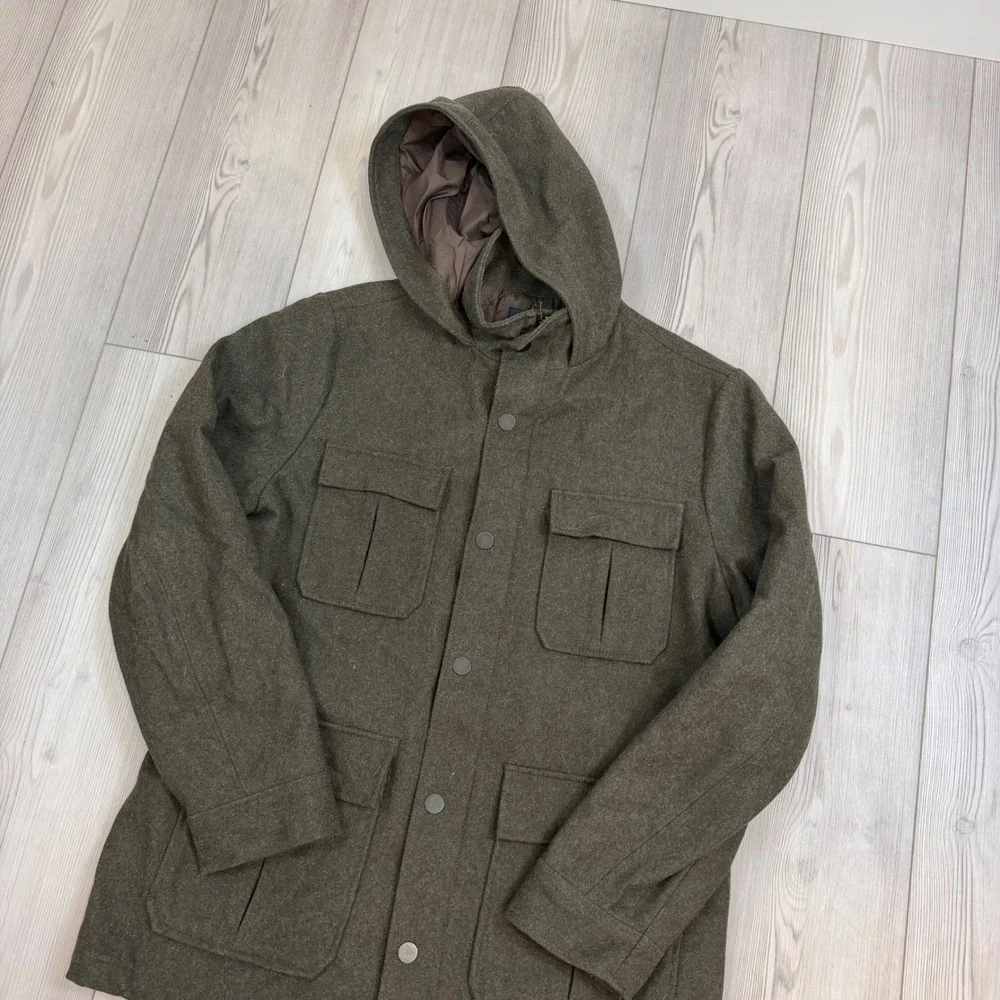 Banana Republic Mens Recycled Wool Blend Hooded Field Jacket Olive Green Large